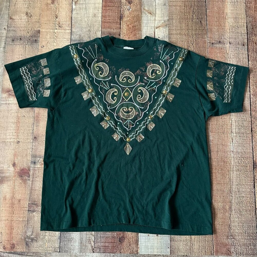 Vintage 80's India Ink Forrest Green Hand Painted T-shirt Size 2X Single Stitch